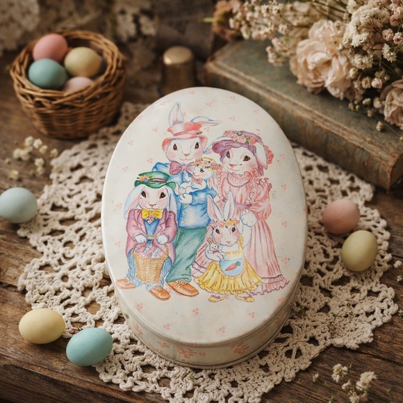 Other - Vintage Easter Bunny Family Oval Tin Box | 1960s–1970s Pastel Rabbit Print